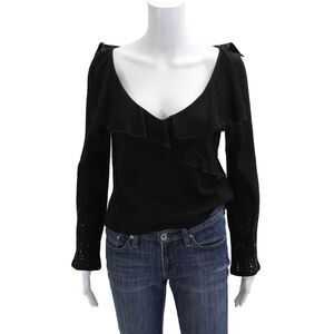 St. John Evening By Marie Gray Women Black V-Neck Blouse Long Sleeve Size 6